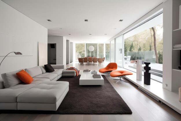 Hogar minimalista con muebles elegantes y modernos, líneas limpias y toques de color.