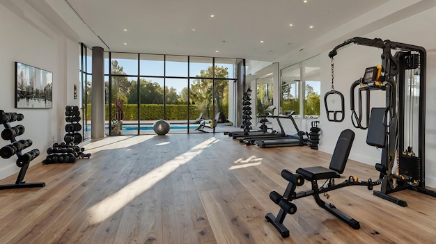 el hogar de la semana cuenta con un gimnasio con un gimnasio y equipos de gimnasia