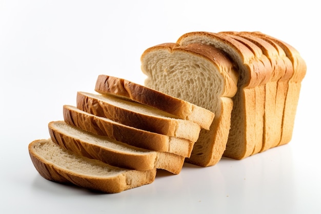 Una hogaza de pan se corta en rodajas sobre una superficie blanca.