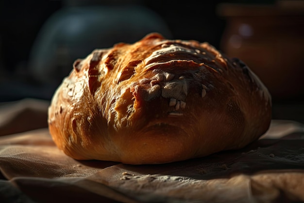 Una hogaza de pan está sobre una mesa con un fondo oscuro.