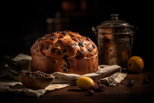 Una hogaza de pan de frutas se sienta en una mesa junto a una taza de té.