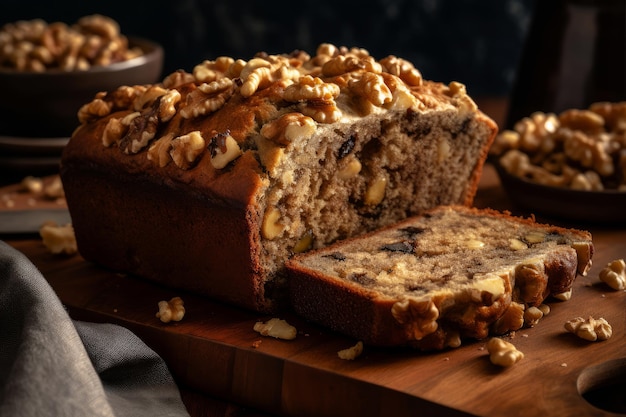 Una hogaza de pan de plátano con una rebanada cortada.