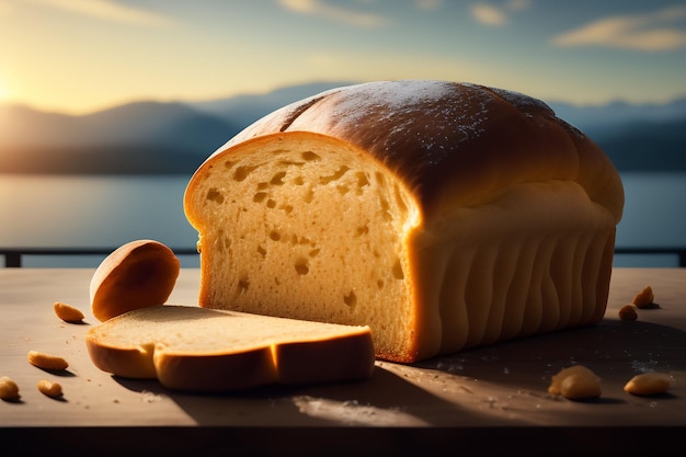 Una hogaza de pan con una rebanada cortada