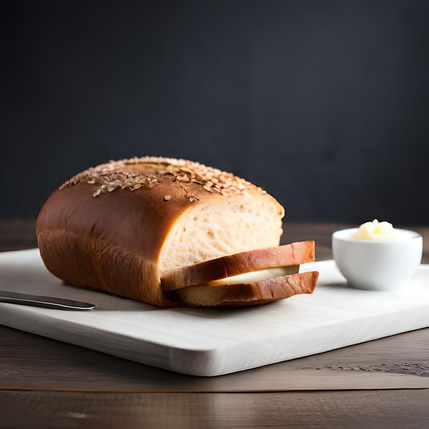 Una hogaza de pan con semillas de sésamo junto a un tazón pequeño de mantequilla.