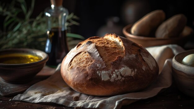 Una hogaza de pan se sienta en una mesa al lado de un tazón de aceite de oliva.