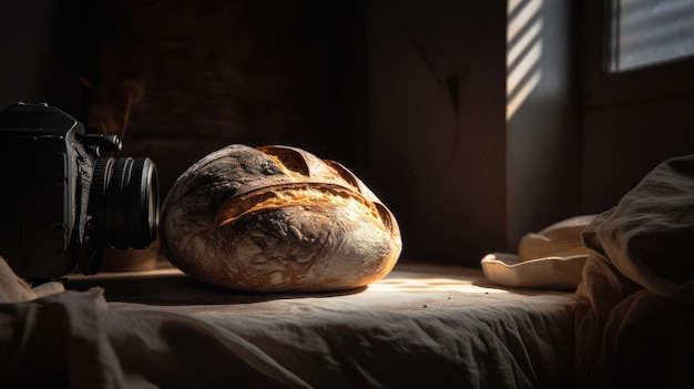 Una hogaza de pan se sienta en una mesa frente a una ventana con el sol brillando a través de la ventana.