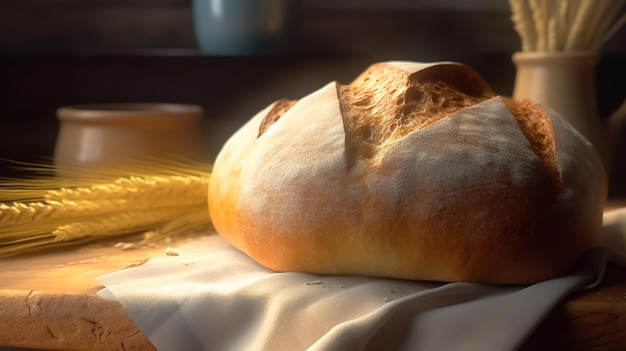 Una hogaza de pan se sienta en una mesa junto a una mazorca de maíz