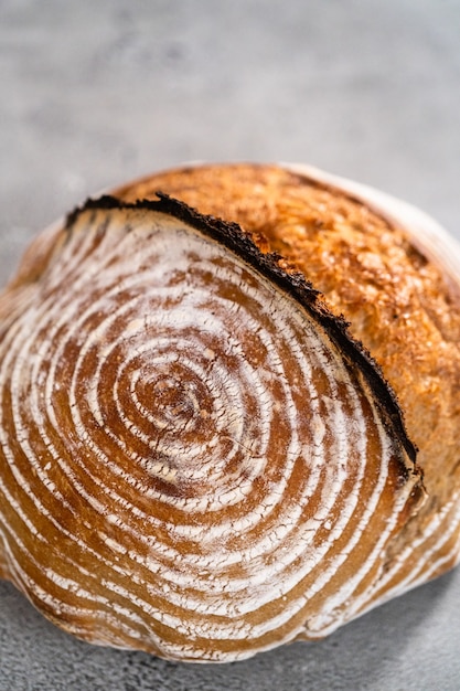 Hogaza recién horneada de pan de masa madre de trigo con marcas de la cesta de prueba de pan.