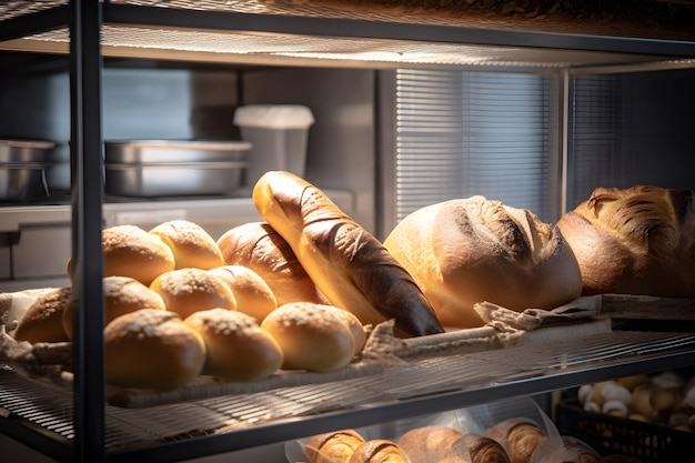 Hogazas de pan recién horneado en los estantes de una panadería generada por IA