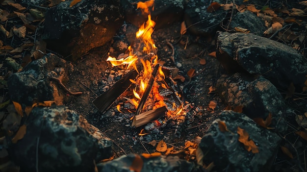 Una hoguera arde en un hoyo rodeado de rocas el fuego es brillante y las llamas están lamendo las rocas el suelo está cubierto de hojas