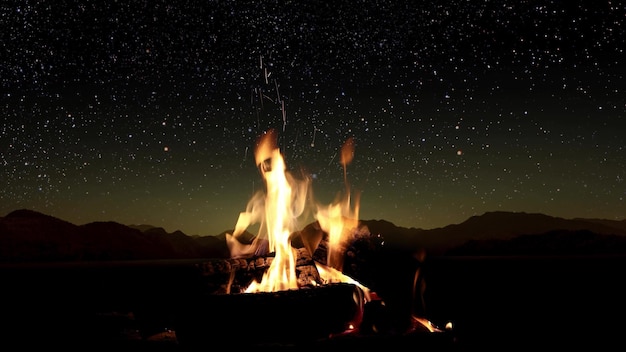 La hoguera arde por la noche contra el fondo de las montañas y el mar con estrellas brillantes