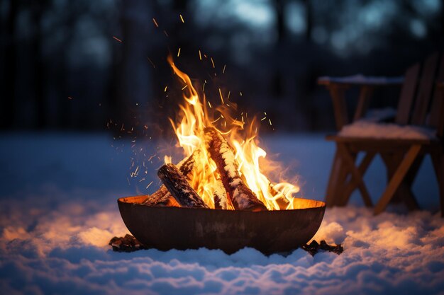 Foto hoguera en el bosque de invierno acampando en el bosque por la noche