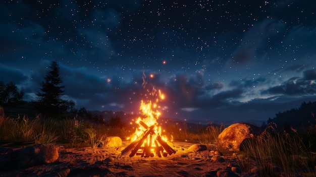 Una hoguera brillante rodeada de amigos, risas y cuentos que crean queridos recuerdos de acogedoras noches pasadas bajo el cielo estrellado.