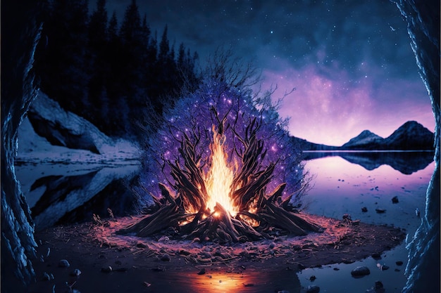 Hoguera mística azul y violeta en la naturaleza invernal creada con ai generativo
