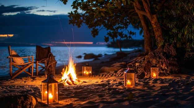 Foto una hoguera privada en la playa preparada para una noche romántica bajo las estrellas con un bar de smores gourmet