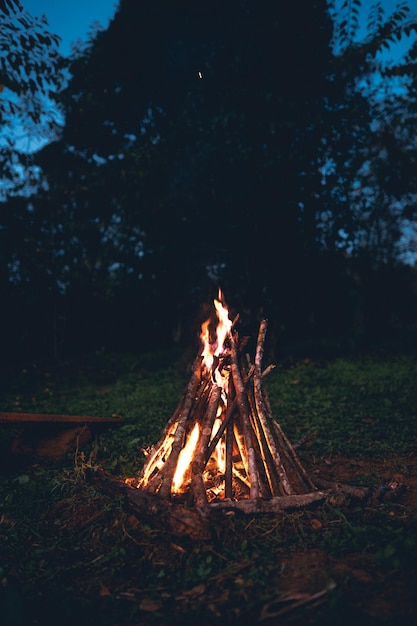 Hoguera en un terreno de noche