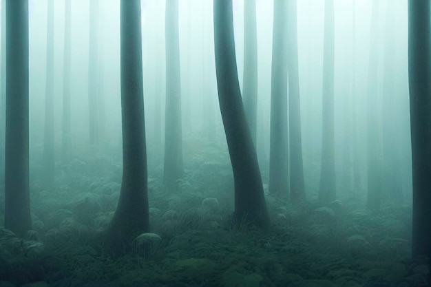 Hohe Bäume im Wald bedeckt mit dem Nebel