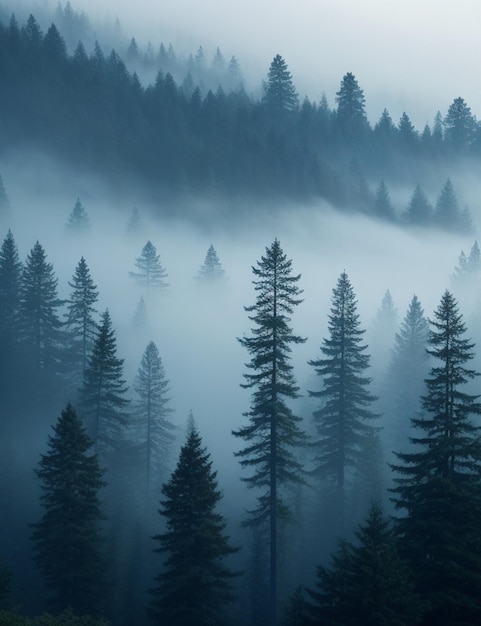 Hohe Bäume im Wald in den Bergen, bedeckt mit der Nebeltapete