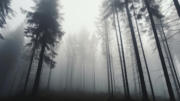 Hohe Bäume im Wald in den Bergen mit dem Nebel bedeckt