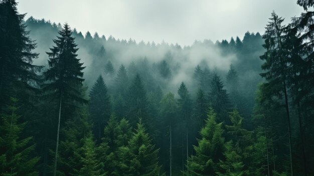 Hohe Bäume im Wald in den Bergen mit dem Nebel bedeckt