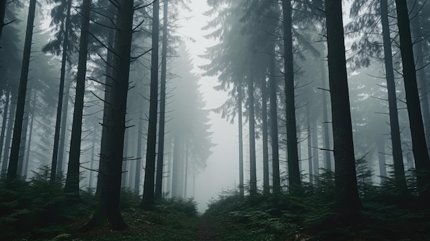 Hohe Bäume im Wald in den Bergen mit dem Nebel bedeckt