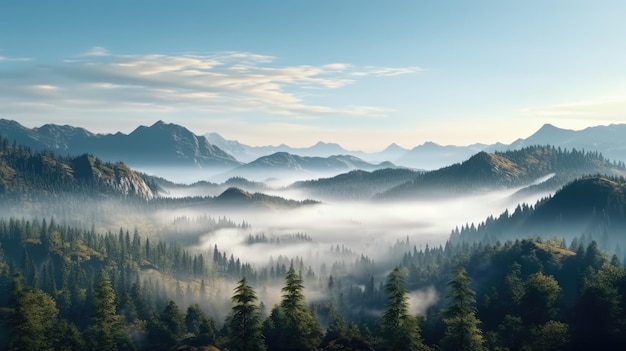 Hohe Bäume im Wald in den Bergen mit dem Nebel bedeckt