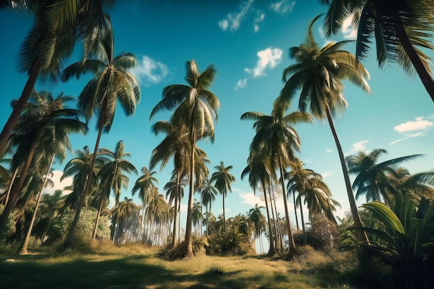 Hohe Palmen, die sich anmutig vor dem Hintergrund eines klaren, himmelblauen Sommerhimmels wiegen, schaffen eine malerische tropische Aussicht