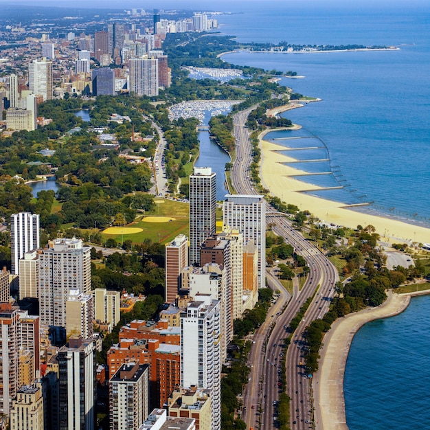 Hohe Sicht auf den Lake Michigan und Chicago USA