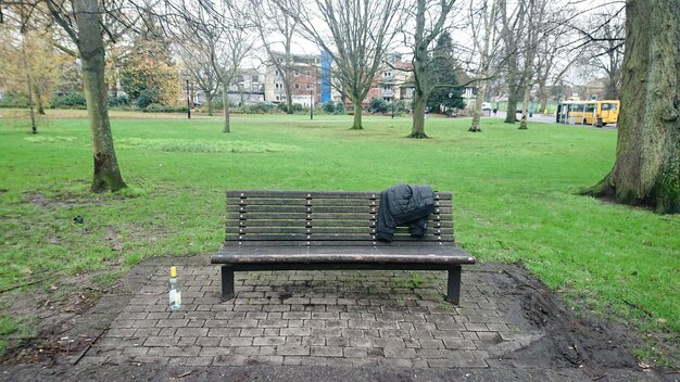 Foto hohe winkelansicht von einer bank auf einem grasfeld