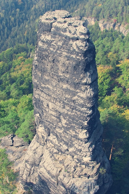 Hoher einzelner Felsen auf einem Hintergrund von Bergen und Wäldern Getönt