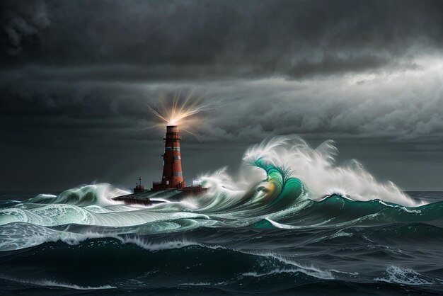 Hoher Leuchtturm an der Nordsee unter einem bewölkten Himmel