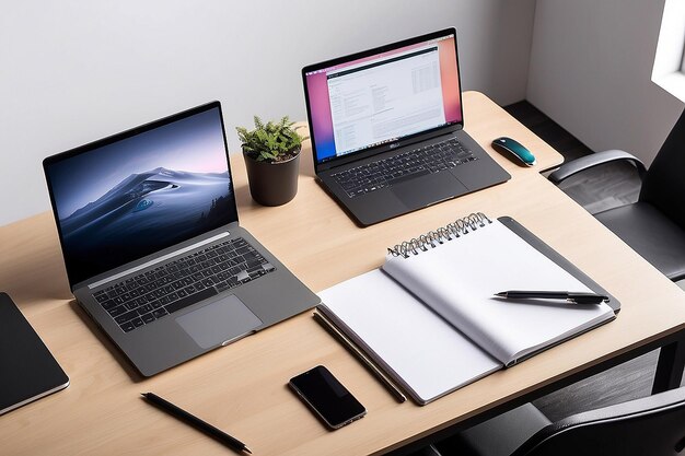 Hoher Winkel des Arbeitsplatzes mit Notebook und Laptop