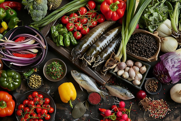 Hoher Winkel köstliches Essen auf dem Tisch Stillleben