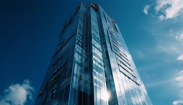 Hoher Wolkenkratzer aus blauem Glas, modernes Design, futuristisch, generiert durch KI