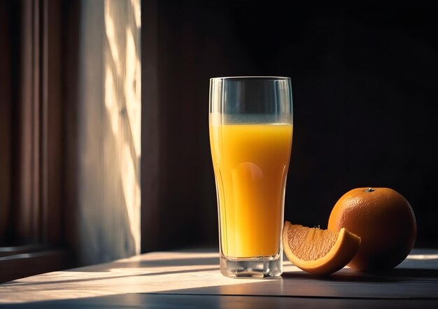 Hohes Glas mit Orangensaft, sommerliches Erfrischungsgetränk auf dem Tisch am Fenster, dunkler Hintergrund, freier Platz für Text, generative KI