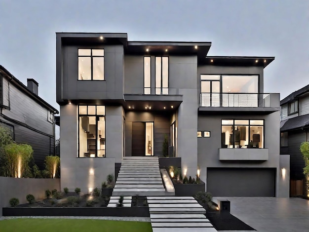 Hohes graues Haus für eine große Familie mit grau modernem Hausäußeren