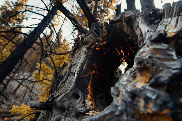 Foto hohl verbrannter baum mit andeutungen von neuem laub