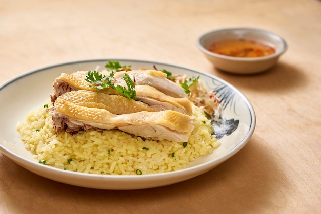 Hoi an com arroz de frango, frango cozido no vapor gourmet vietnamita com arroz