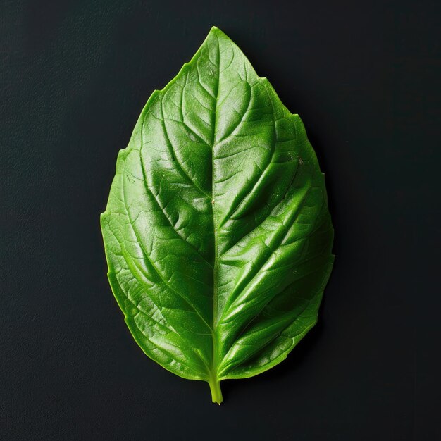 Hoja de albahaca verde fresca sobre un fondo negro Vista superior plana