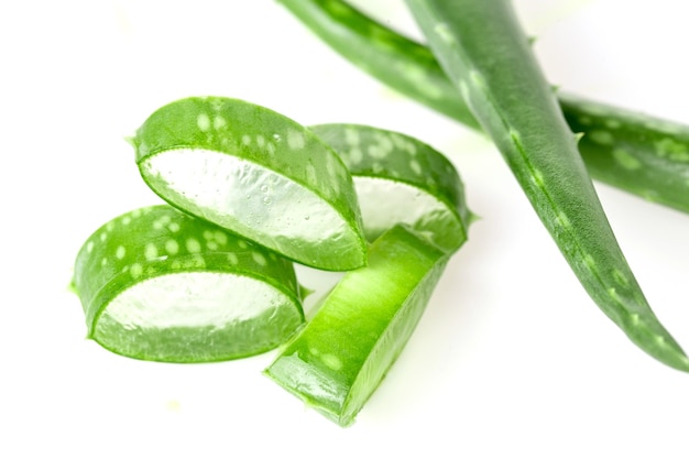 Hoja de aloe vera fresca en rodajas aislado sobre fondo blanco.