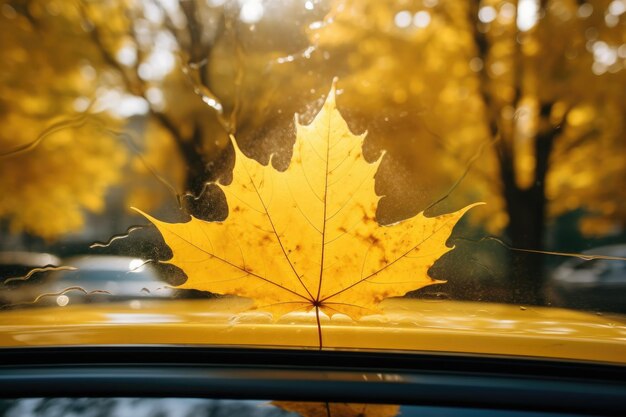 Hoja amarilla emocionalmente alegre en el parabrisas del coche que evoca el cálido otoño