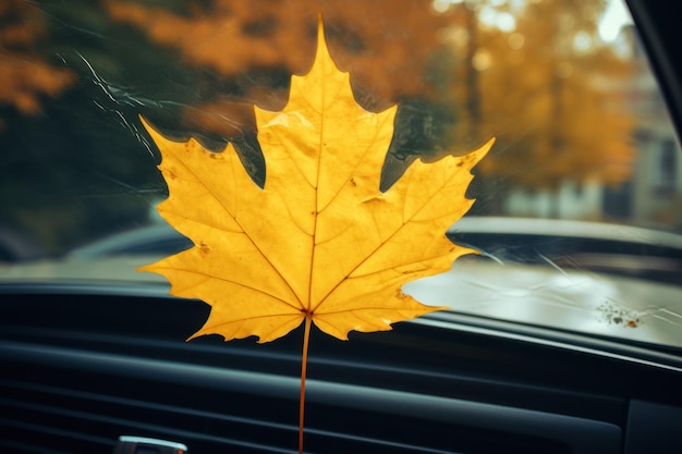 Hoja amarilla emocionalmente alegre en el parabrisas del coche que evoca el cálido otoño