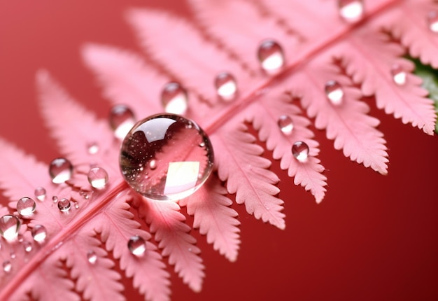 hoja arafed con gotas de agua sobre ella y una gota de agua sobre la hoja ai generativa