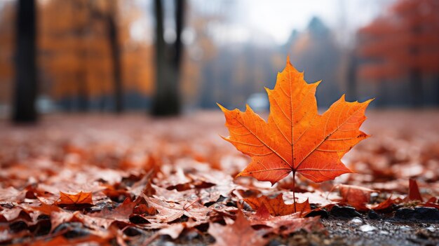 Hoja de arce en el asfalto en el parque de otoño Fondo de otoño