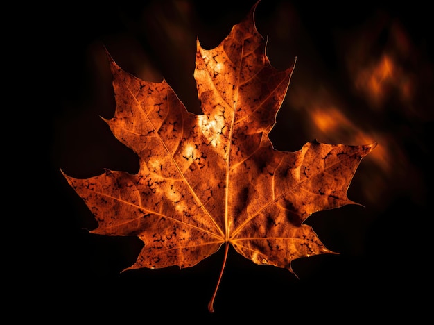 Hoja de arce marrón aislada sobre fondo oscuro Hoja seca de otoño IA generativa