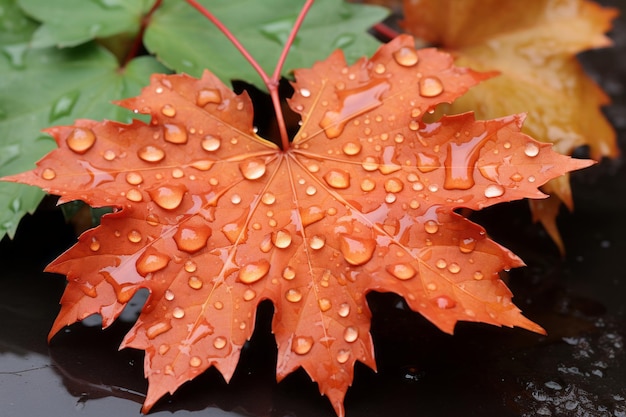 una hoja de arce naranja con gotas de agua en ella