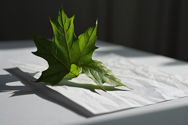 Foto hoja de arce de otoño en una hoja de papel en una mesa blanca