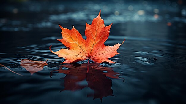 Hoja de arce de otoño en piedra negra en agua oscura Fondo de la naturaleza