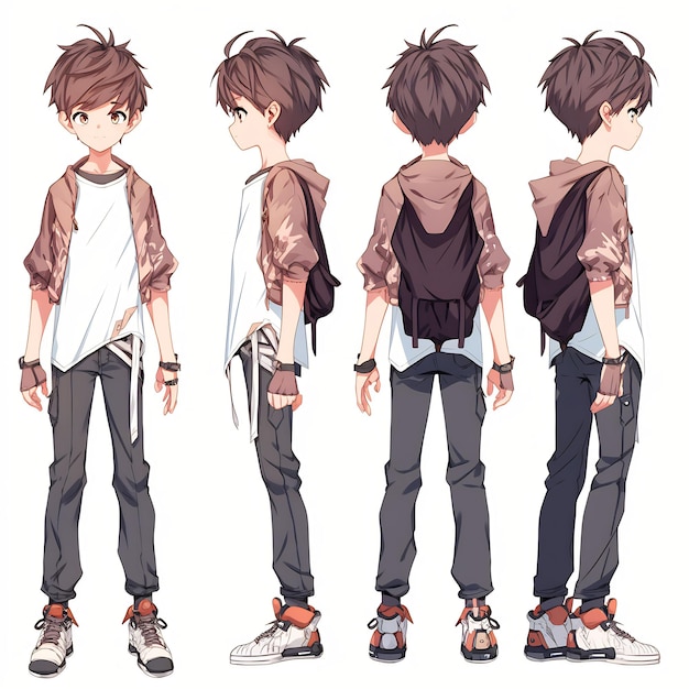 Hoja de arte conceptual de cambio de personaje de chico anime de moda que muestra el diseño elegante de un adolescente guapo