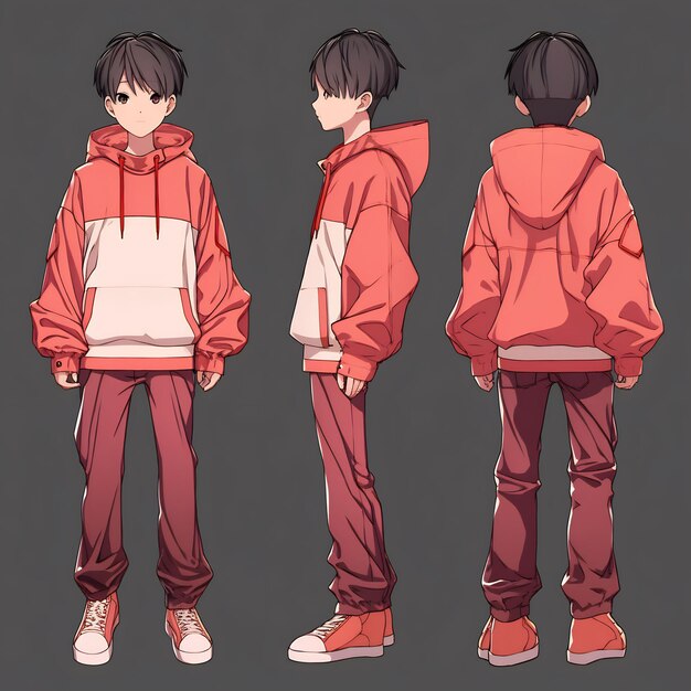 Hoja de arte conceptual de cambio de personaje de chico anime de moda que muestra el diseño elegante de un adolescente guapo